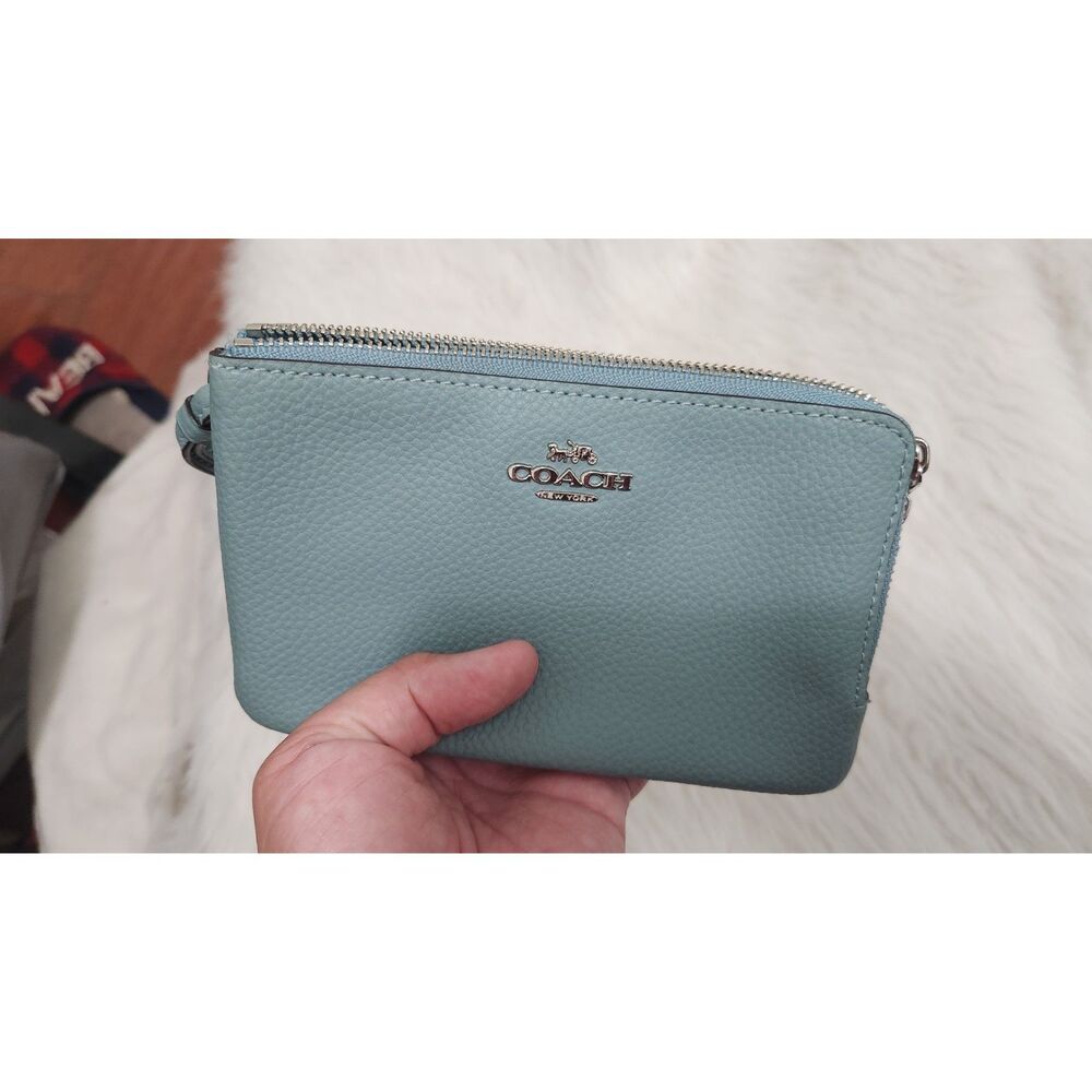 Coach Double Zip Wristlet Pebbled Leather Light Teal Blue Wallet Silver